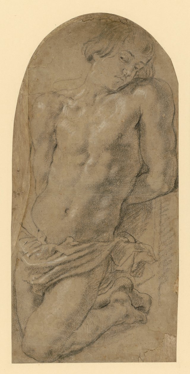Nuori mies polvistuu vasemmalla kädet selän taakse sidottuina. (Alustava luonnos Iisakille maalauksessa "Abrahamin uhri"). tekijältä Peter Paul Rubens
