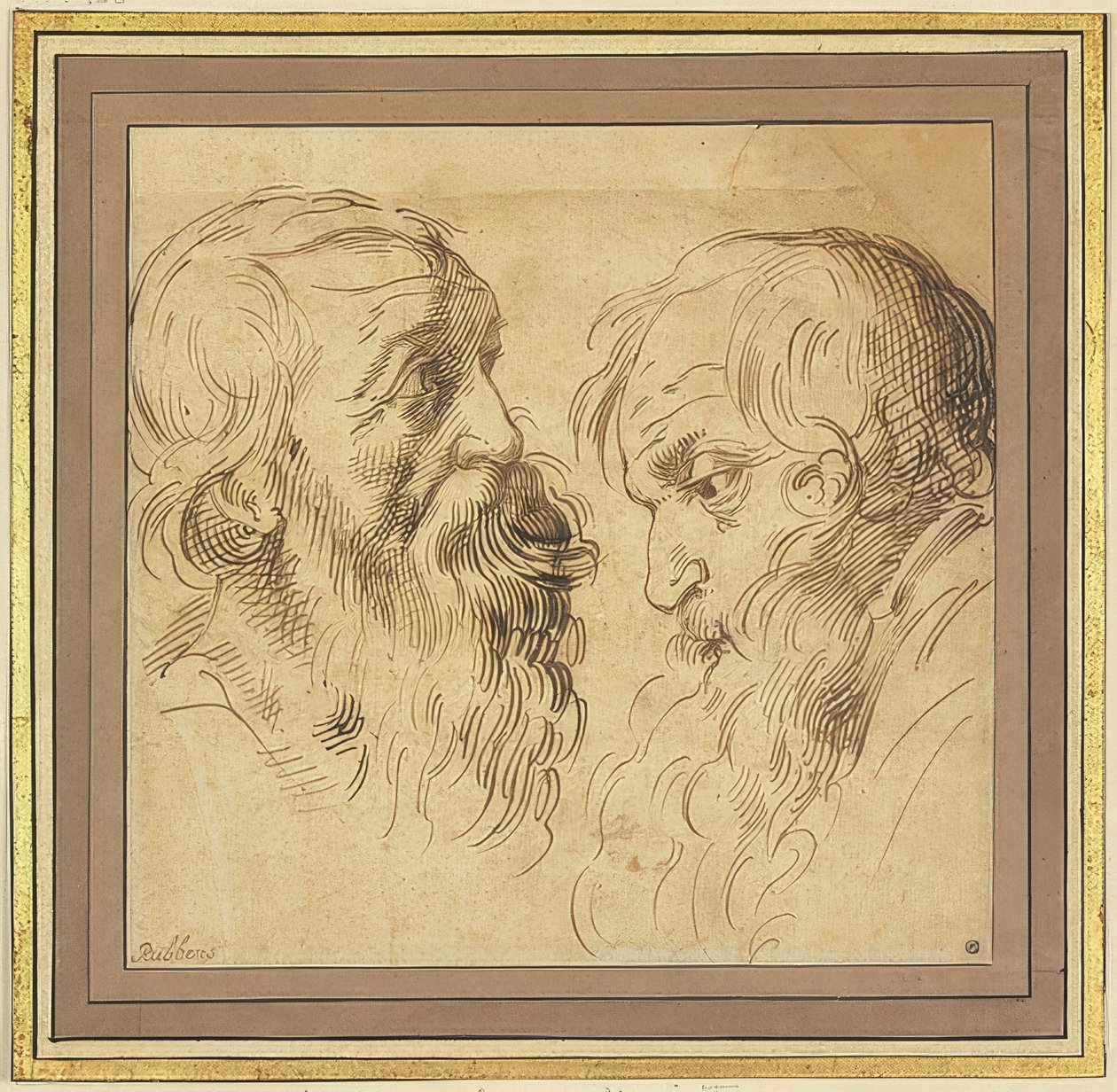 Kaksi partapäätä profiilissa oikealle ja vasemmalle tekijältä Peter Paul Rubens
