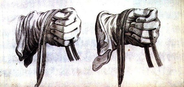 Wintersin, Stutereyn ja Reit-Schulin pubin "New Treatise for Breeding Horses" -tutkimus kahdesta hansikkaalla kädestä pitäen kaksinkertaisen suitsien ohjaksia. 1672 (kaiverrus) tekijältä Peter Paul Troschel