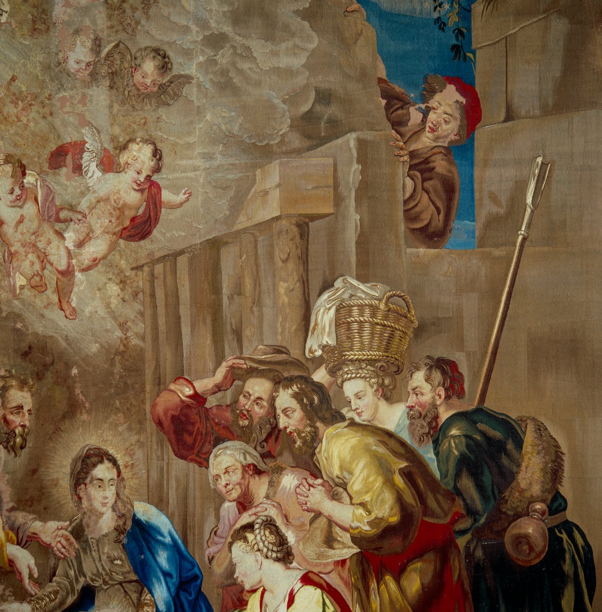 Kristus-lapsen palvonta, yksityiskohta flaamilaisen koulun kuvakudoksesta, n. 1600-50 tekijältä Peter Paul after Rubens