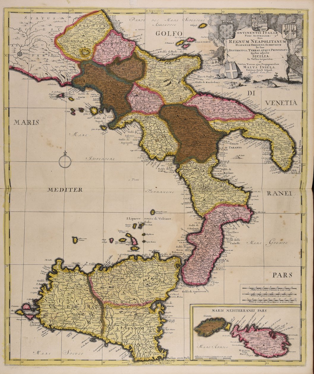 Continentis Italiae pars australior sive regnum Neapolitanum Hispaniae obediens subdivisum in suos districtus terras atque principatus quibus adjectae Sicilia in valles tripartita et contra Turcas ejus propugnaculum Malta insula tekijältä Peter Schenk the Elder