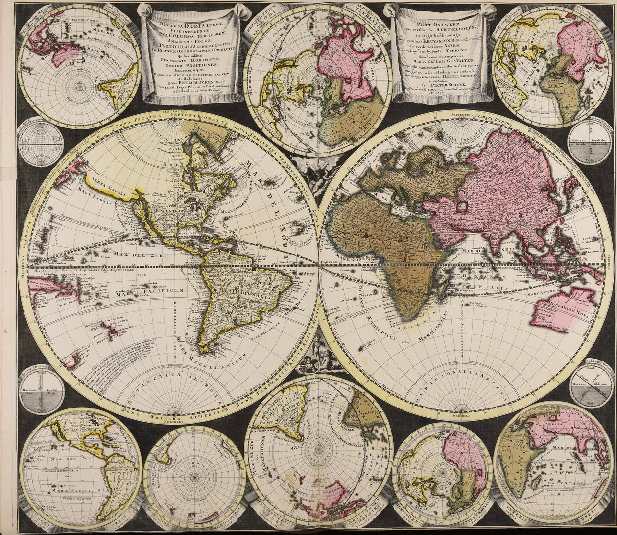 Diversa orbis Terrae visu incedente per coluros Tropicorum ambos ejus polos et particularis sphaerae zenith in planum orthographica projectio quibus additae pro variato horizonte omnium positiones eorumdemque mutua cum circulis caelestibus relatio  Plat O tekijältä Peter Schenk the Elder