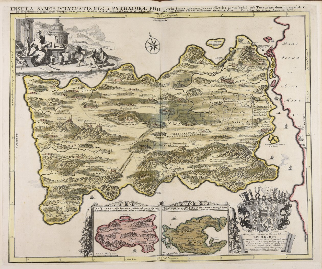 Insula Samos Polycratis reg. et Pythagorae phil. patria ferax gregum terraeq. fictilis, prout hodié sub Turcarum dominio incolitur, ex descriptione potissimum Iosephi Georgirene, Samiorum archiepiscopi, Londini ab eodem editá ... / fec. et exc. Petr. Schen tekijältä Peter Schenk the Elder