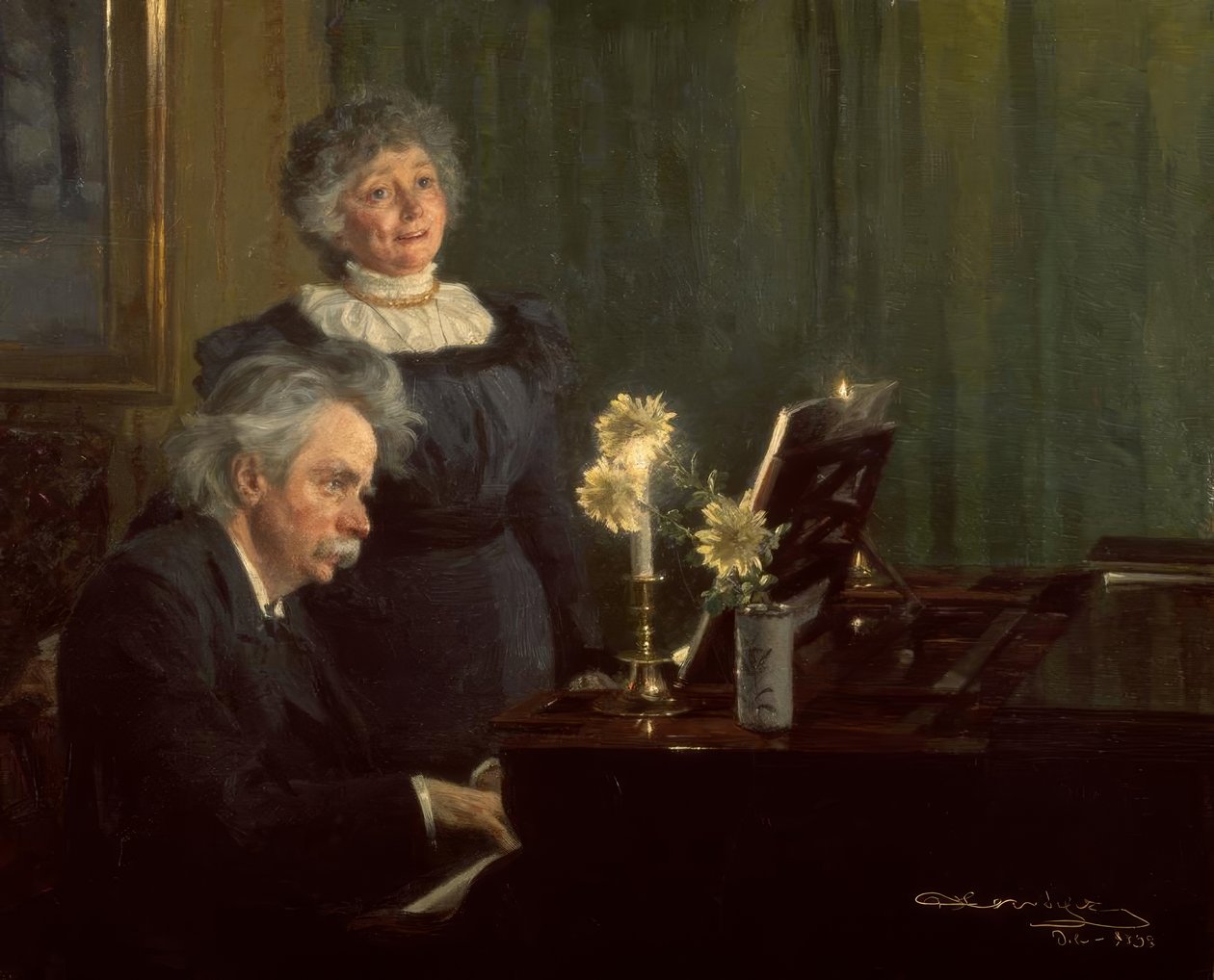Edvard Grieg säestää vaimoaan pianolla tekijältä Peder Severin Krøyer