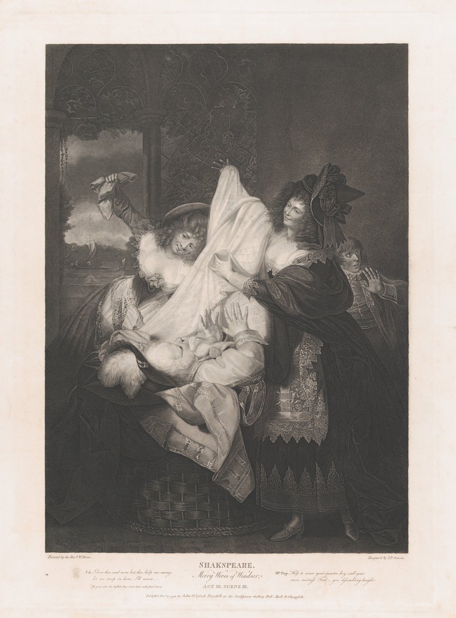 Falstaff in the Buck Basket Shakespeare, Merry Wives of Wi..., julkaistu ensimmäisen kerran 1793, julkaistu uudelleen 1852. tekijältä Peter Simon