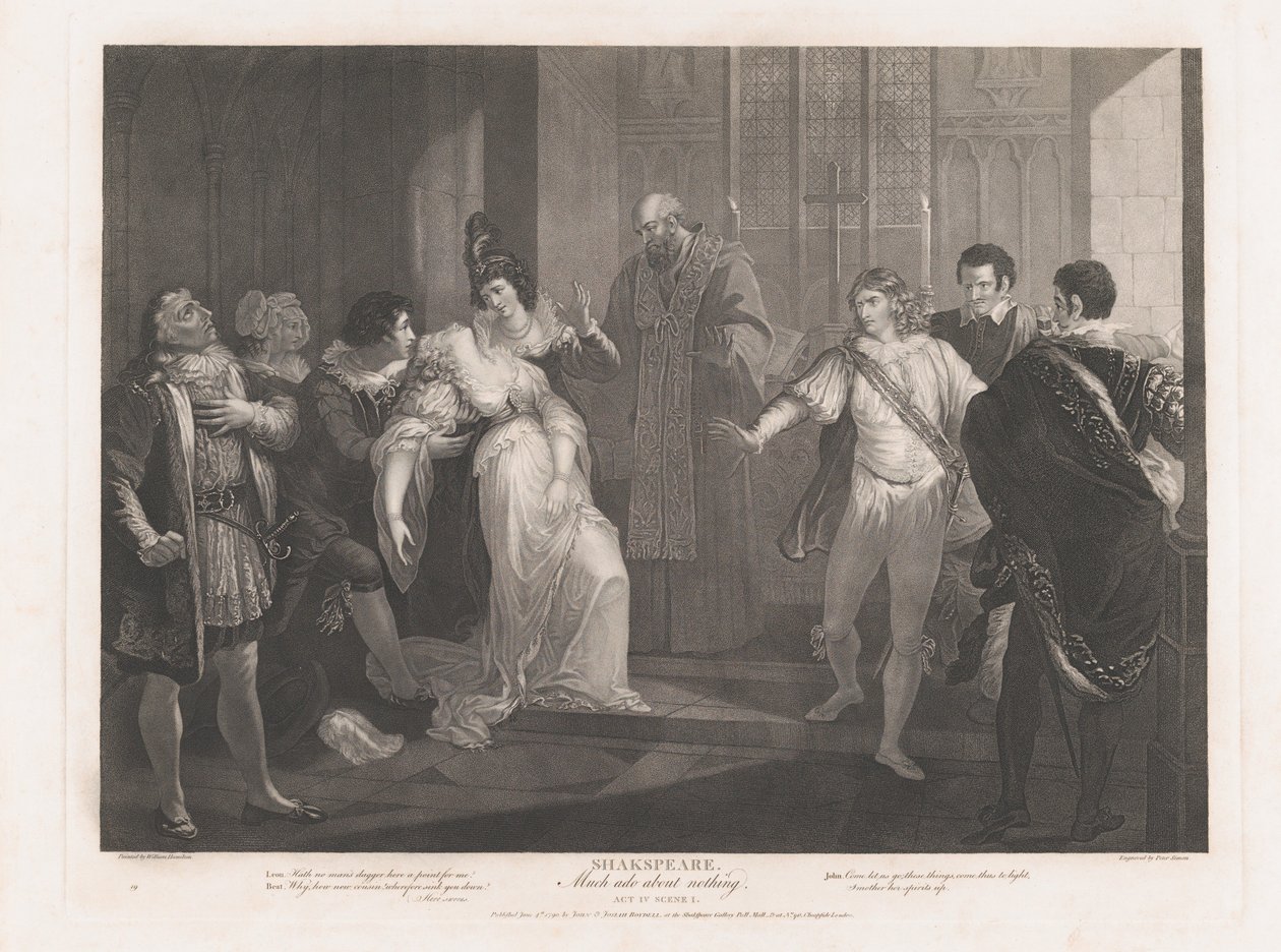 Sankari pyörtymässä kirkossa Shakespeare, Paljon melua tyhjästä..., julkaistu ensimmäisen kerran 1789, julkaistu uudelleen 1852. tekijältä Peter Simon