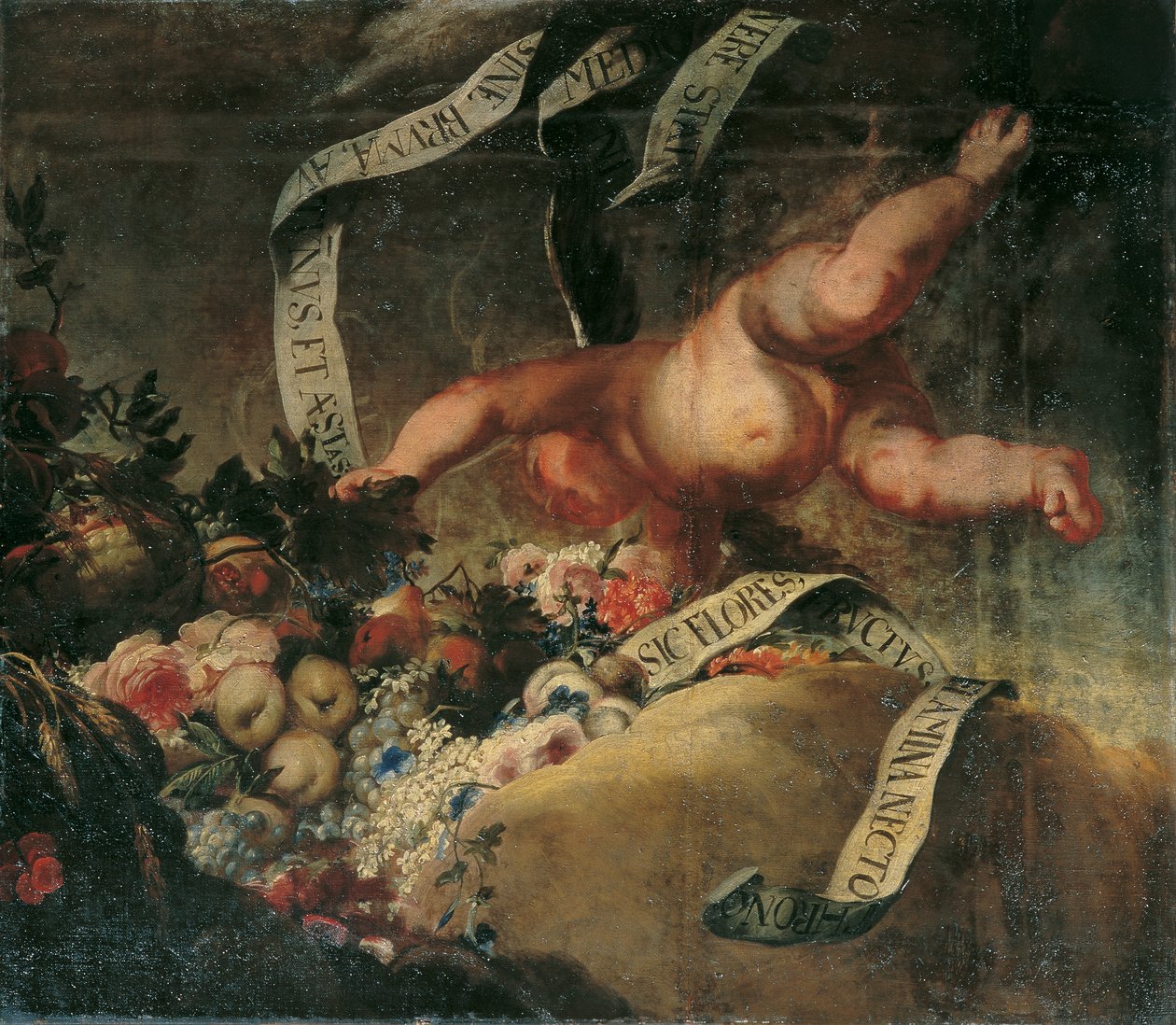 Putto kukilla, hedelmillä ja bannerilla tekijältä Peter Strudel