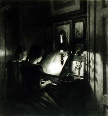 Tytöt pianon ääressä (mezzotint) tekijältä Peter Vilhelm Ilsted