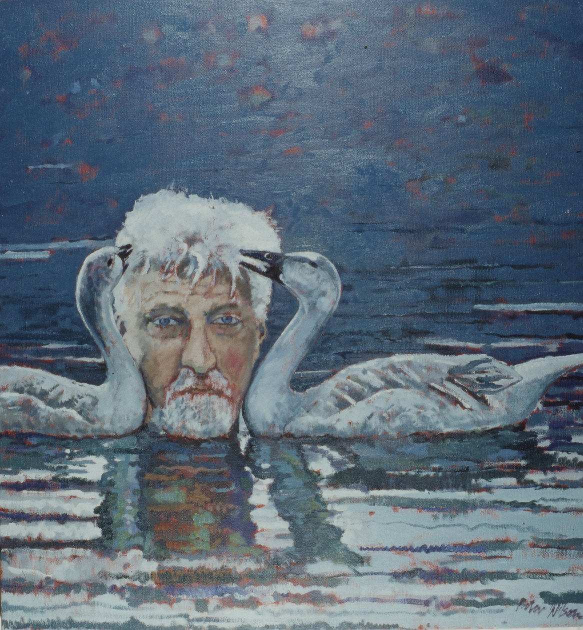 Conrad Lorenz ja hanhenpoikaset, 2000 (öljy kankaalle) tekijältä Peter Wilson