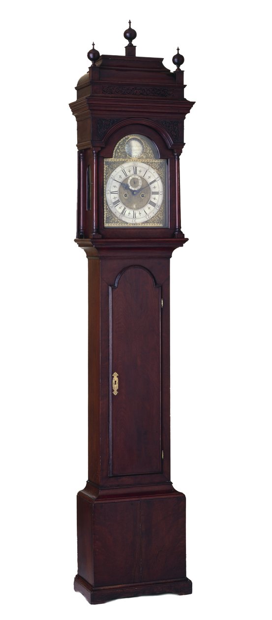 Kahdeksan päivän kello, n. 1730-1740 (musta pähkinä; eteläinen keltainen mänty, itäinen valkoinen mänty ja Atlantin valkoinen setri) tekijältä Peter and Head John Stretch