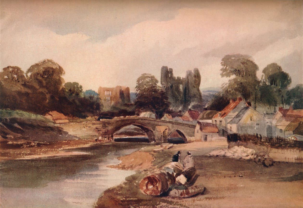 Kylä joen varrella, silta ja rauniot, v. 1824 tekijältä Peter de Wint