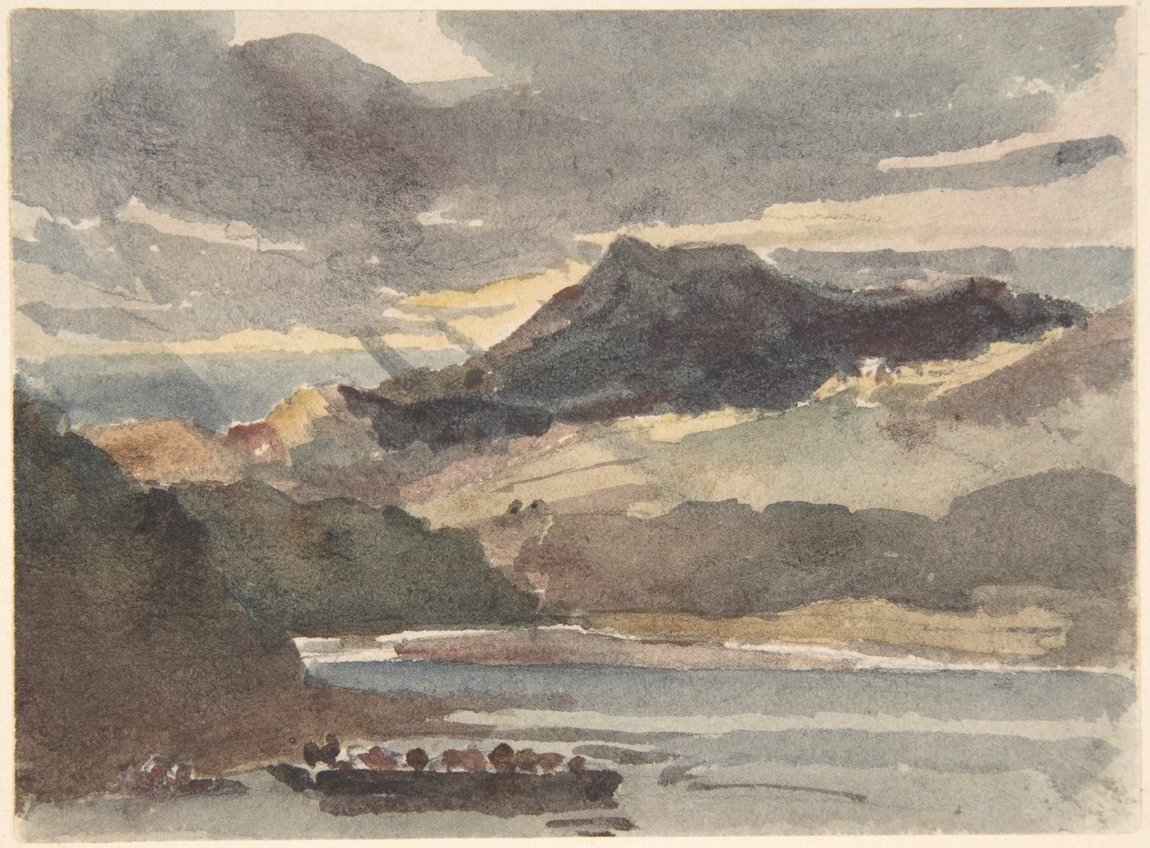 Luonnos teokseen ”The Ferry” – Snowdon, näkymä Lyyn Padranista, Pohjois-Walesista tekijältä Peter de Wint