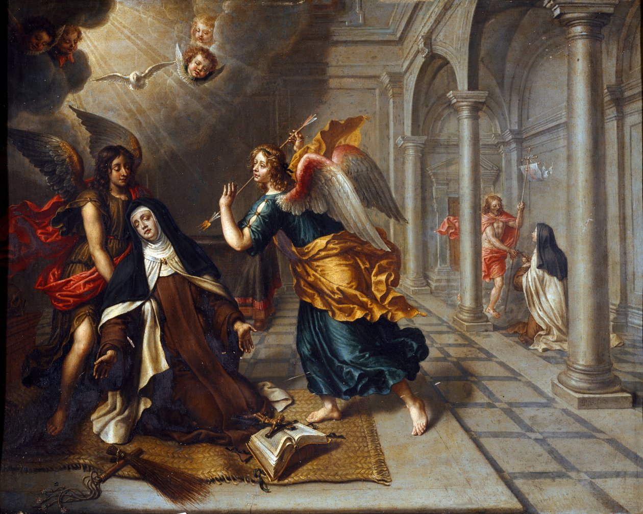 Pyhä Teresa Avilalainen (Jeesuslapsesta) (1515-1582) tapaa enkelin, joka lävistää kultaisen tikkansa sydämen. Peter Van Lindtin (1600-luku) maalaus Dim. 85x70 cm Genes, Galleria di Palazzo Bianco tekijältä Peter van Lint