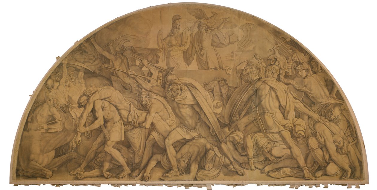 Der Kampf um den Leichnam des Patroklos, Bogenfeld. Karton zu den Deckenbildern der Münchner Glyptothek tekijältä Peter von Cornelius