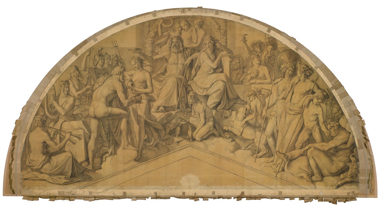 Die Aufnahme des Herakles in den Olymp, Bogenfeld. Karton zu den Deckenbildern der Münchner Glyptothek tekijältä Peter von Cornelius
