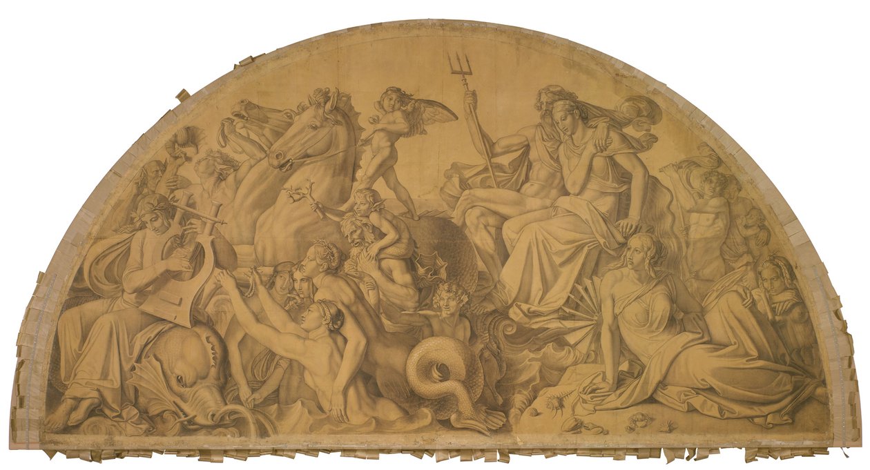 Die Wasserwelt lauscht dem Leierspiel des Arion, Bogenfeld. Karton zu den Deckenbildern der Münchner Glyptothek tekijältä Peter von Cornelius