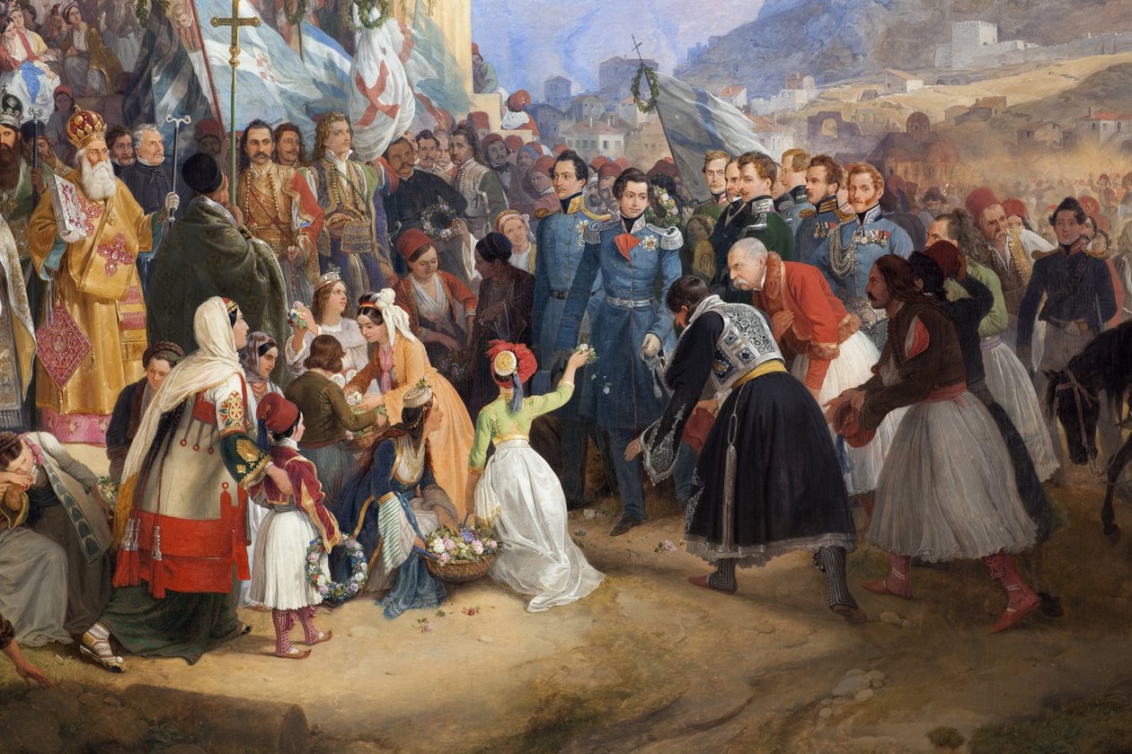 Kreikan kuninkaan Othon I (1815-1876) sisäänkäynti Ateenaan, jonka väkijoukko toivotti tervetulleeksi Hephaistoksen (Hephaisteion) (Hephaistos) tai Theseionin temppelin edessä Agoralla (Kreikka) tekijältä Peter von Hess