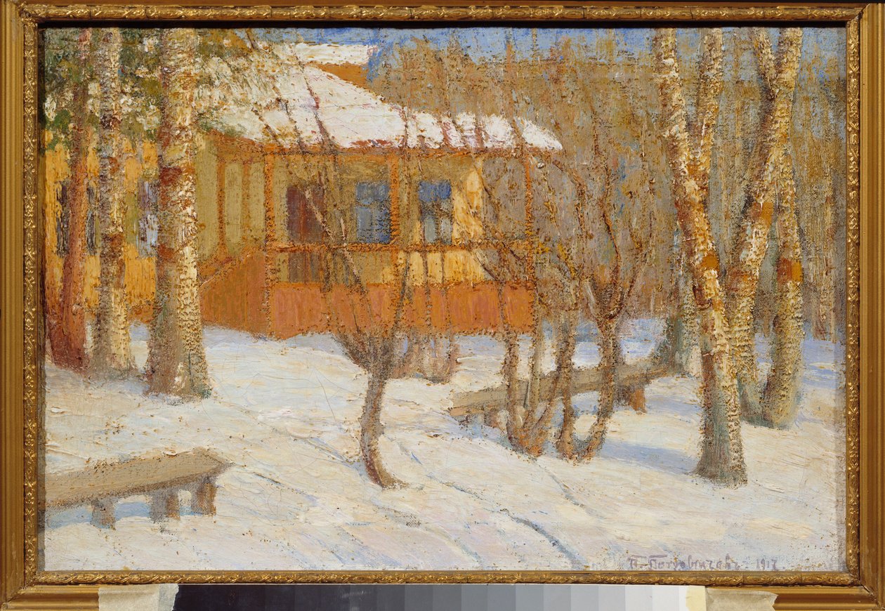 Pakkanen ja aurinko. Pjotr ​​Ivanovitš Petrovitševin (Pjotr ​​Petrovitšev) maalaus (1874-1947), öljy kankaalle tekijältä Petr Ivanovic Petrovichev