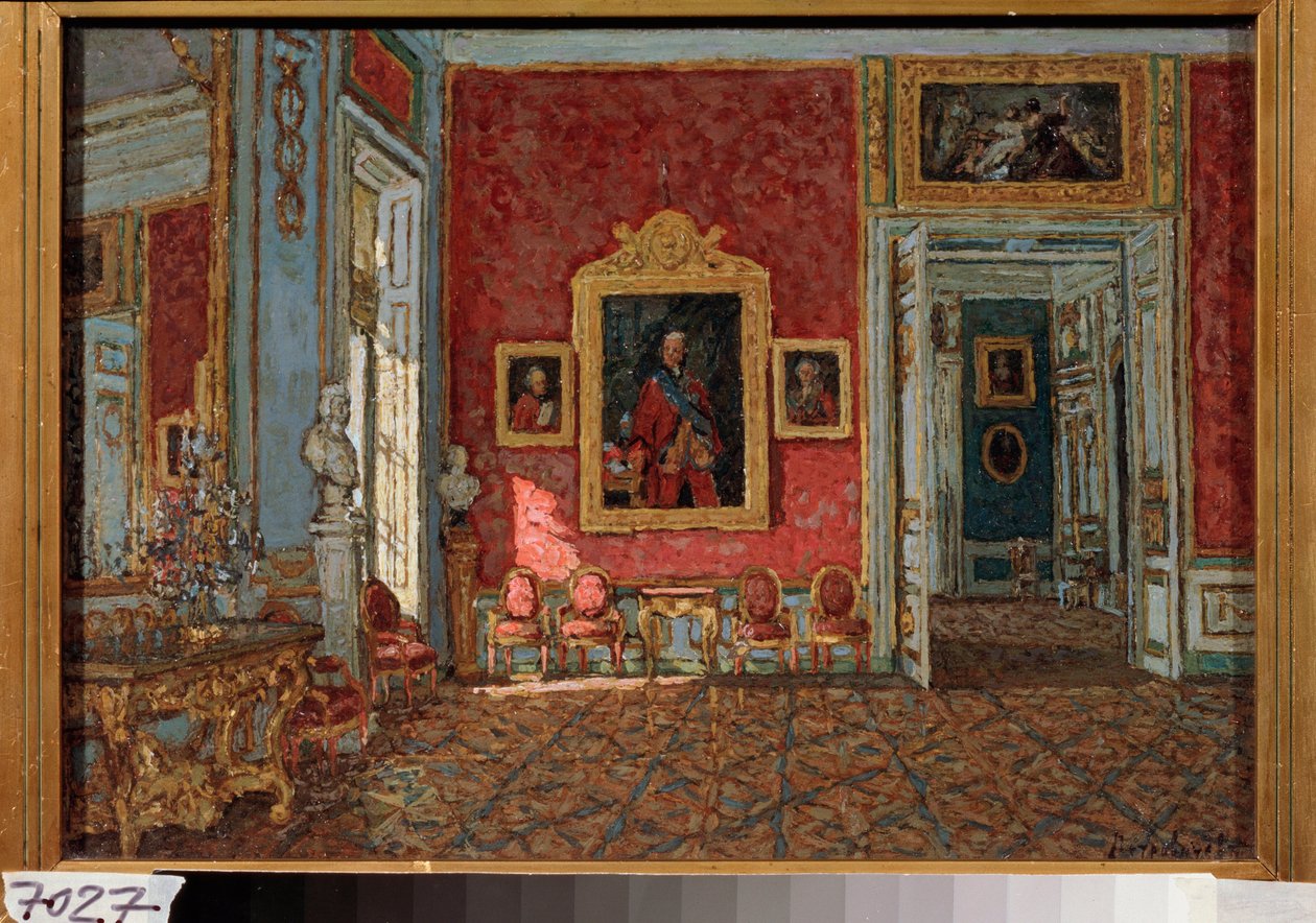 Crimson Drawing Room Kuskovon palatsissa (Moskova, Venäjä) - Purppura salonki Kuskovon palatsissa - Pjotr ​​Ivanovitš Petrovitševin (Pjotr ​​Petrovitšev) maalaus (1874-1947), öljy kankaalle tekijältä Petr Ivanovic Petrovichev