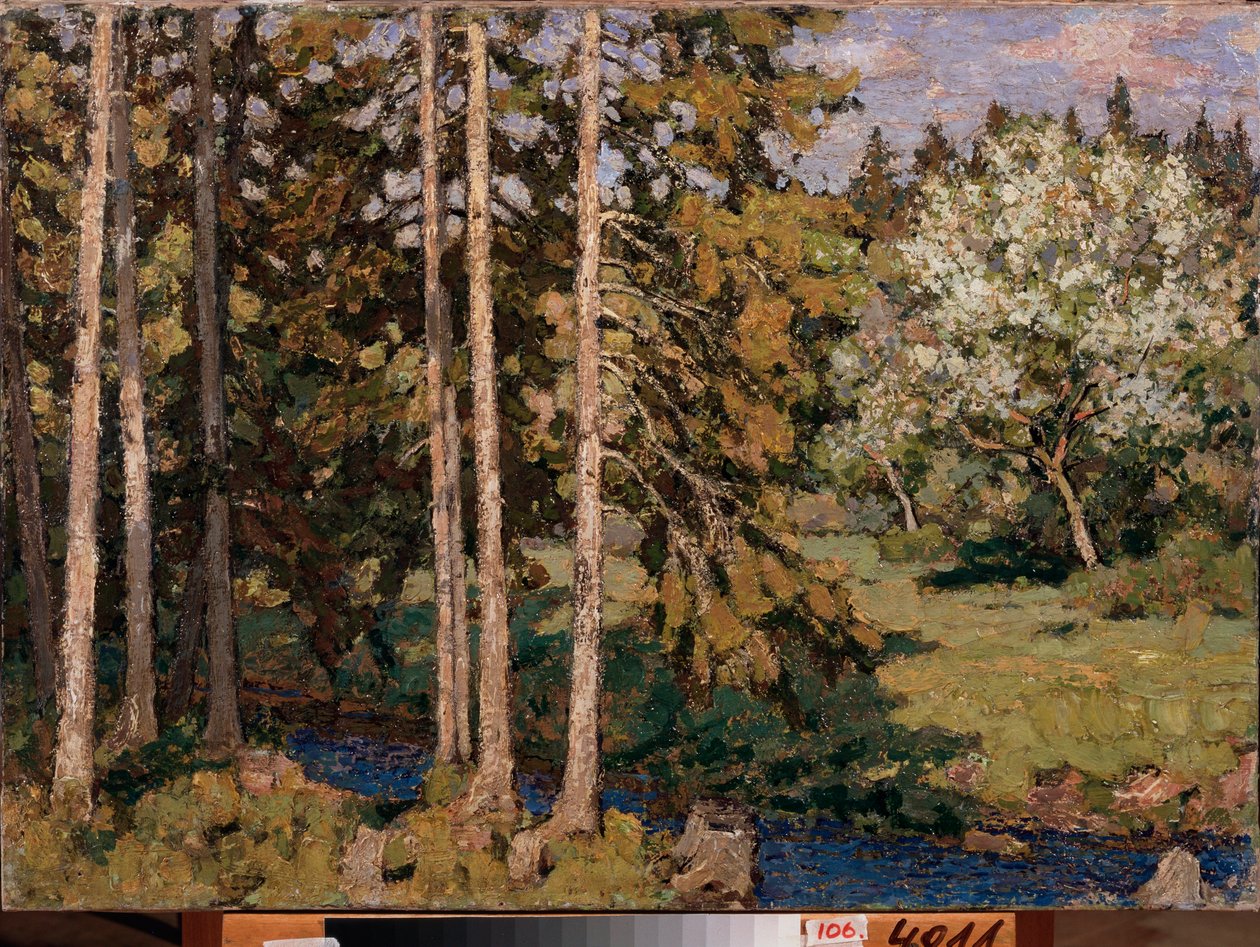 Omenapuut toukokuussa. Pjotr ​​Ivanovitš Petrovitševin (Pjotr ​​Petrovitševin) maalaus (1874-1947), öljy kankaalle. Venäläinen taide, 1900-luvun maisema, modernismi. Alueellinen taidegalleria, Tšeljabinsk (Venäjä). tekijältä Petr Ivanovic Petrovichev