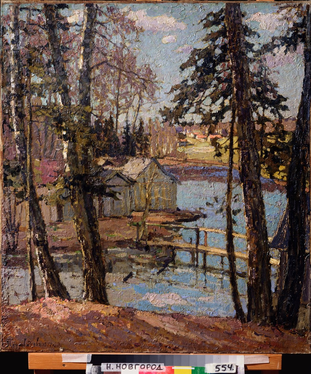 Kevät. Lammella. Pjotr ​​Ivanovitš Petrovitševin (Pjotr ​​Petrovitšev) maalaus (1874-1947), öljy kankaalle tekijältä Petr Ivanovic Petrovichev