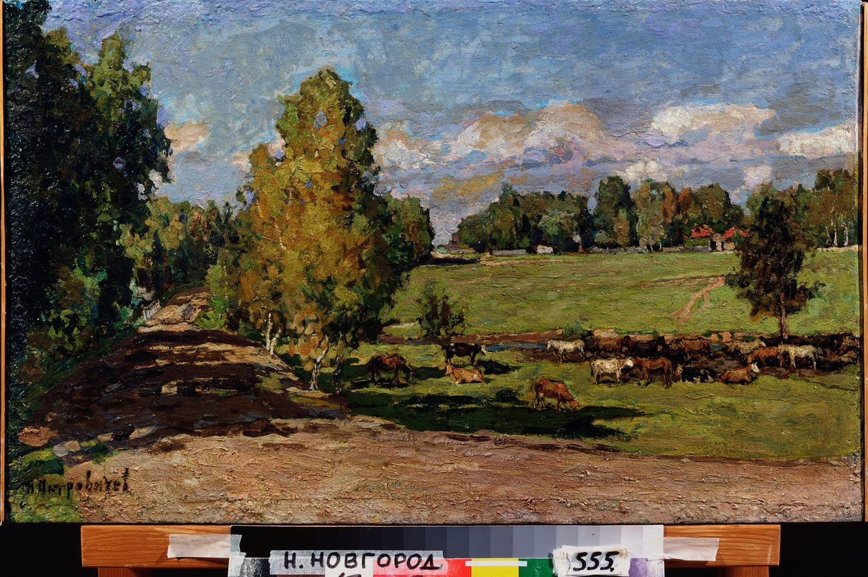 Lepää niityllä. (Nautalauma lähellä puroa, ylittää laidunpellon). Pjotr ​​Ivanovitš Petrovitševin (Pjotr ​​Petrovitševin) (1874-1947) työ, öljy pahville tekijältä Petr Ivanovic Petrovichev