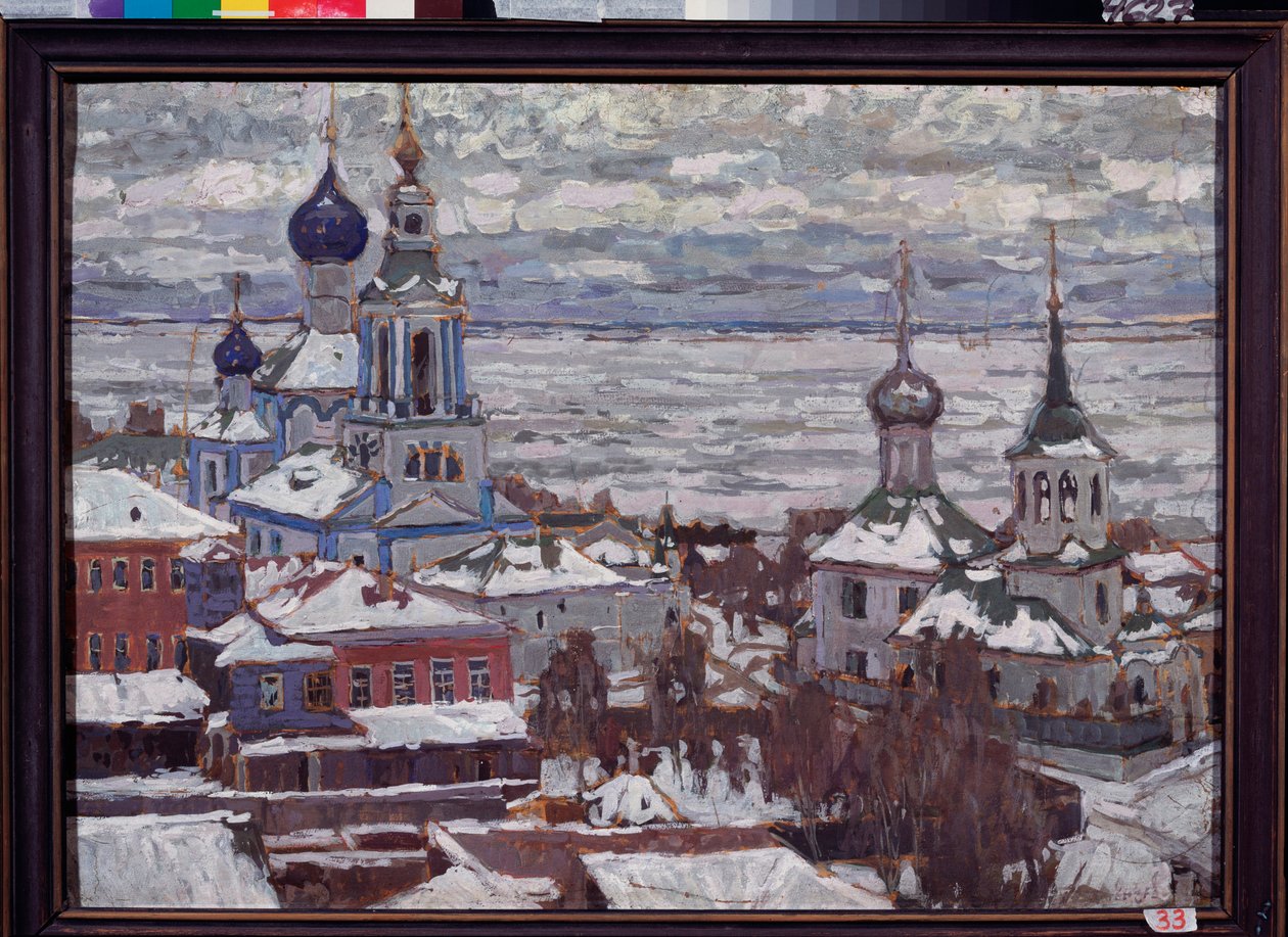 Rostov (Venäjä) talvella. Pjotr ​​Ivanovitš Petrovitševin (Pjotr ​​Petrovitšev) (1874-1947) työ, guassi ja tempera pahville tekijältä Petr Ivanovic Petrovichev