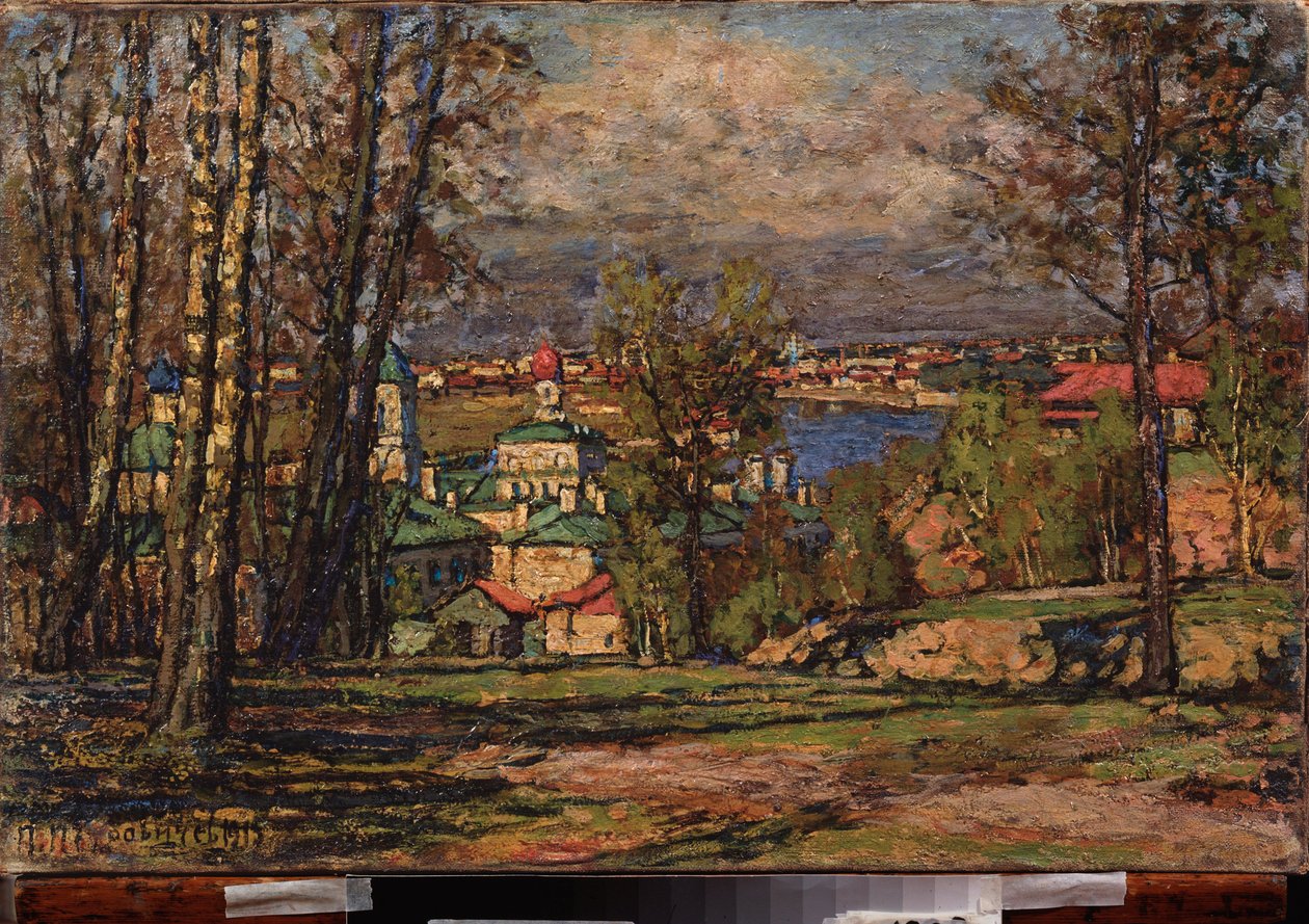 Näkymä Moskovaan Vorobiev Gorista (Sparrow Hills) (Moskovan oikealla rannalla). Pjotr ​​Ivanovitš Petrovitševin (Pjotr ​​Petrovitšev) maalaus (1874-1947), öljy kankaalle tekijältä Petr Ivanovic Petrovichev