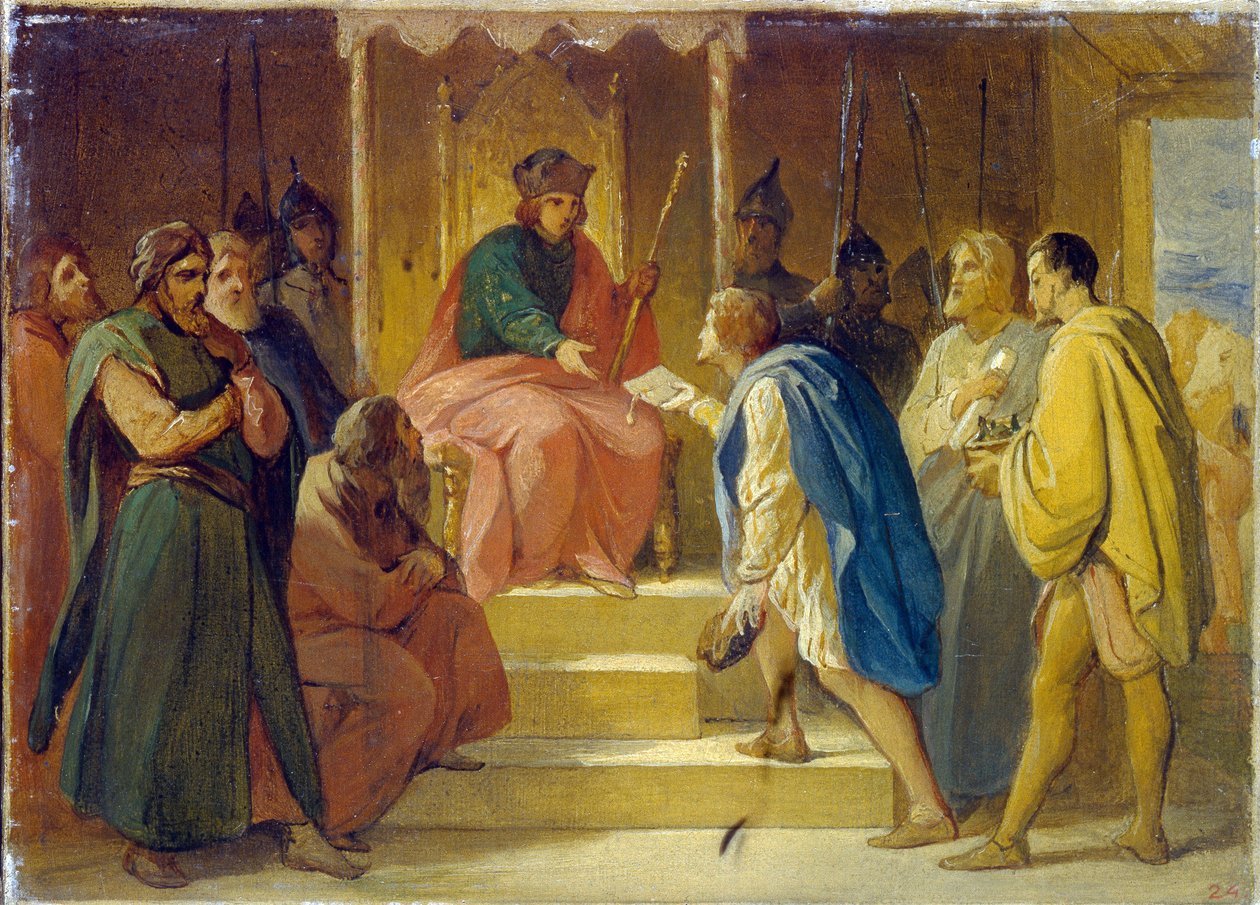 Suurprinssi Andrei Bogolioubski (ennen vuotta 1100 - vuoden 1193 jälkeen) vastaanottaa keisari Frederique Barberoussen (Hohenstauffenin Frederique I) lähettämät käsityöläiset tekijältä Petr Vasilievich Basin