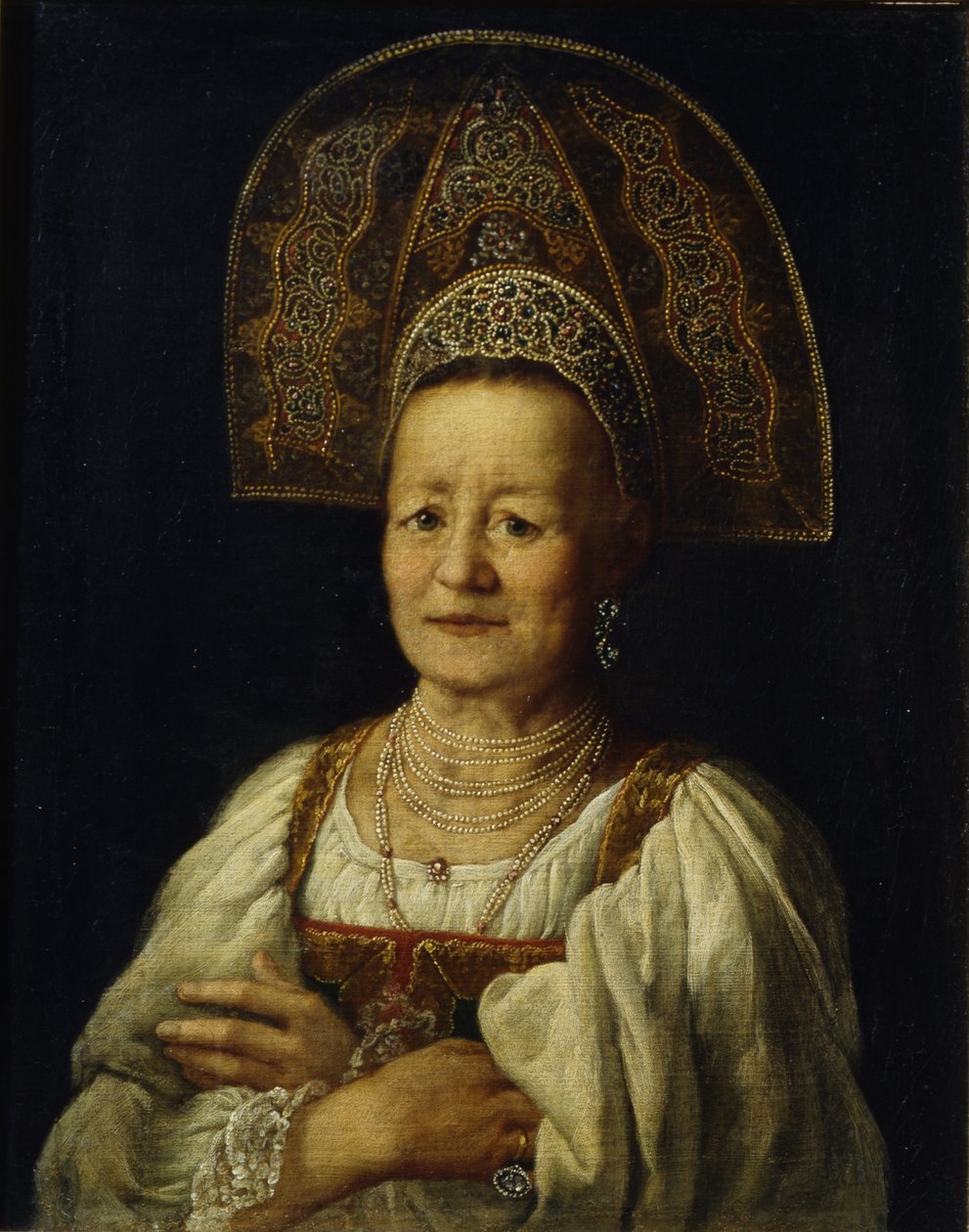 Kauppiasnaisen muotokuva Kokoshnikissa, 1796 tekijältä Petro Semyonovich Drozhdin
