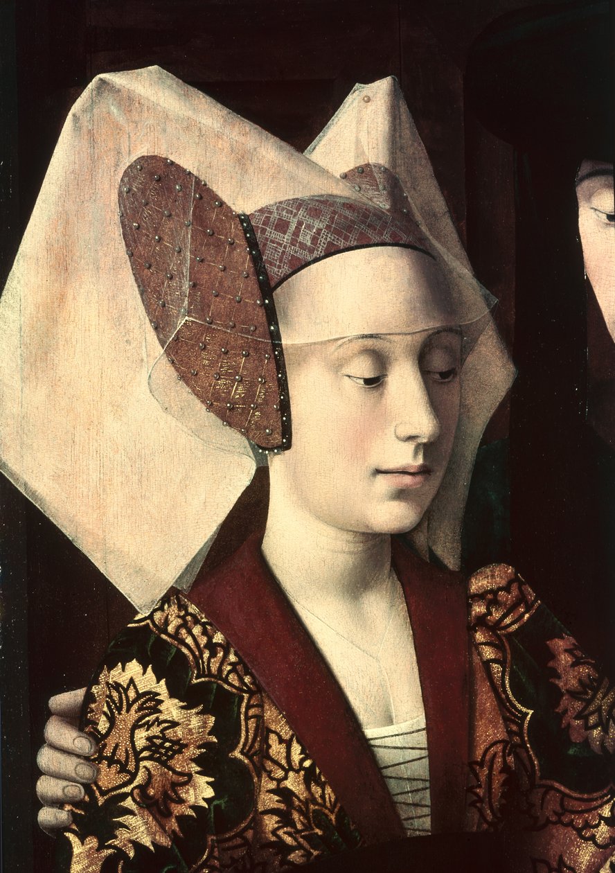 St. Eligius (n. 588-660) kultaseppänä, joka näyttää sormusta kihlaparille, yksityiskohta morsiamesta, 1449 tekijältä Petrus Christus