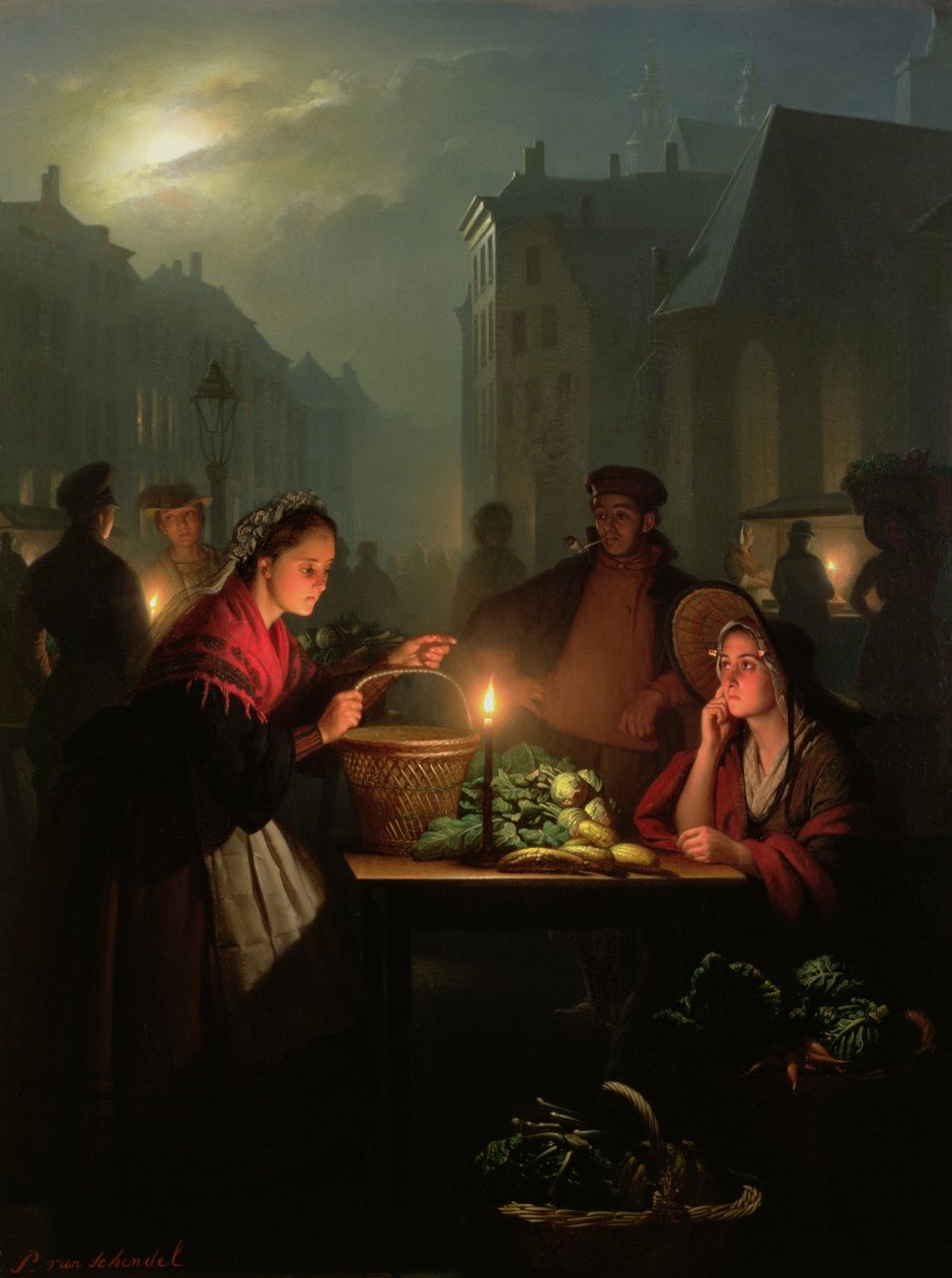 Vihanneskioski yöllä tekijältä Petrus van Schendel