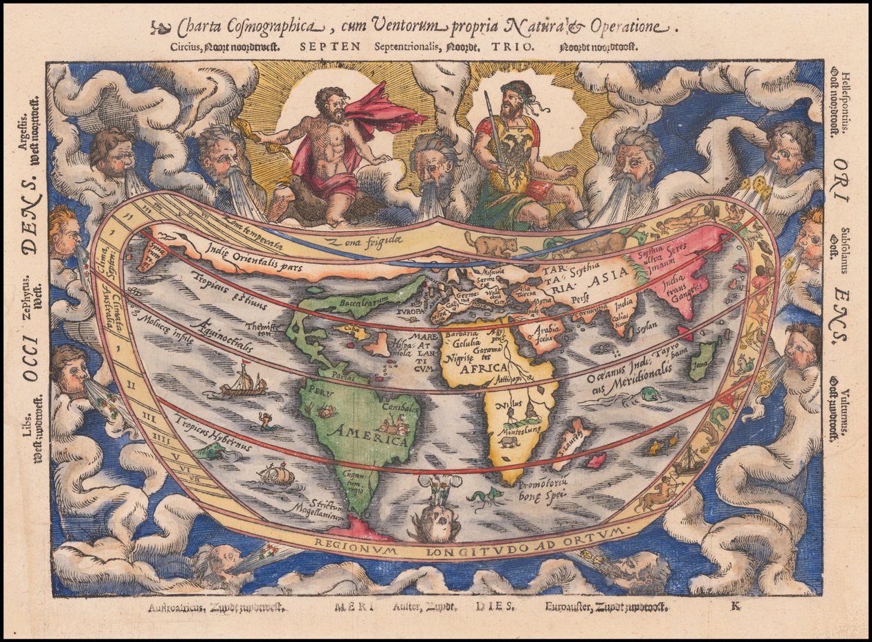 1544 kartta - Charta Cosmographica, Cum Ventorum Propria Natura et Operatione (Kosmografinen kartta) tekijältä Petrus Apianus