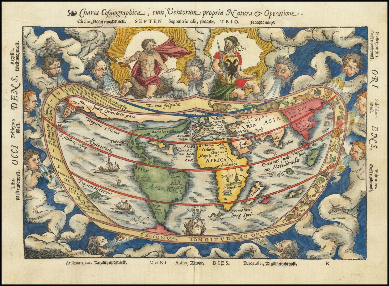 1553 kartta - Charta Cosmographica, Cum Ventorum Propria Natura et Operatione (Kosmografinen kartta) tekijältä Petrus Apianus