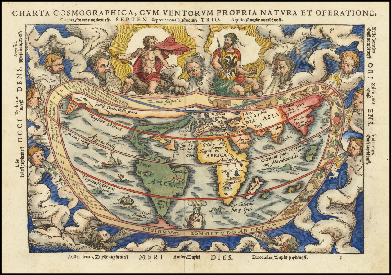 1553 maailmankartta - Charta Cosmographica, Cum Ventorum Propria Natura et Operatione (Maailmankartta) tekijältä Petrus Apianus
