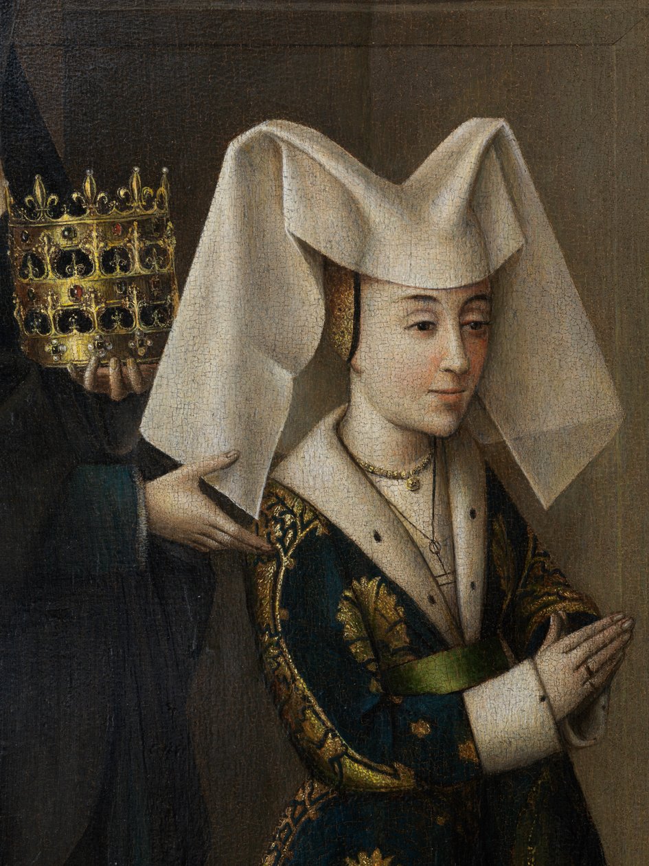 Yksityiskohta Portugalin Isabellasta ja Pyhästä Elisabetista, n. 1457-1460 (öljy kankaalle) tekijältä Petrus Christus