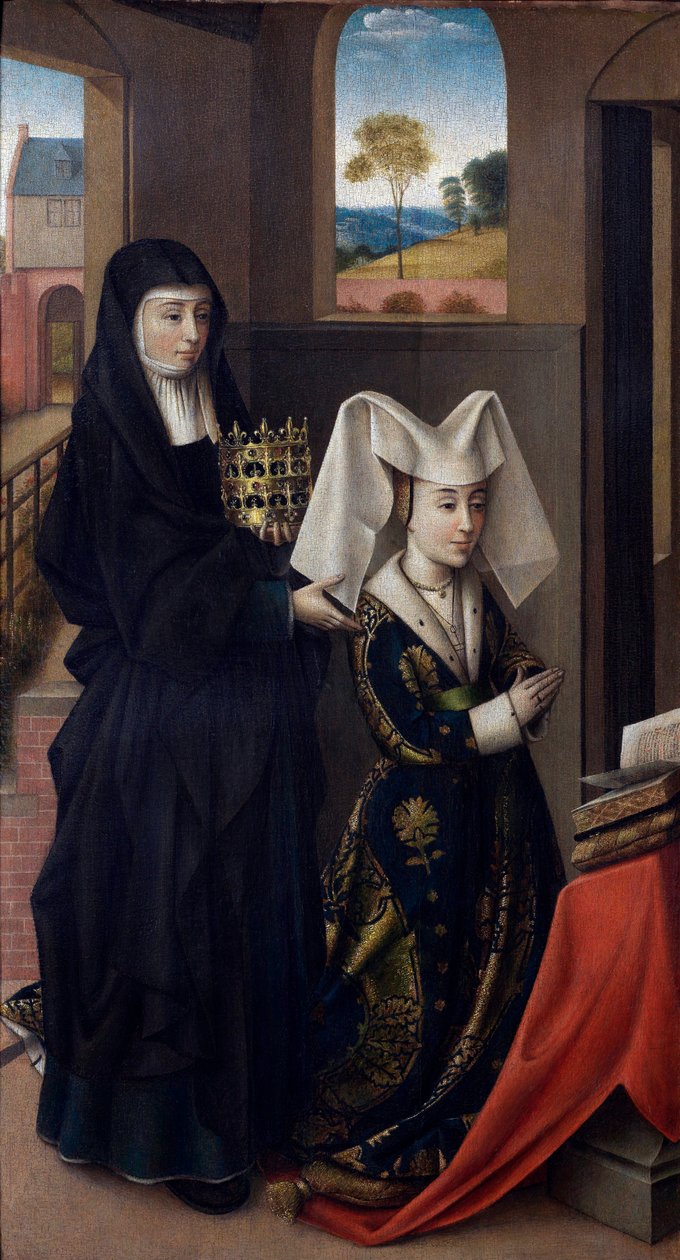 ""Portugalilaisen Isabellan (1397-1471) muotokuva, edustettuna Pyhän Elisabetin kanssa" (Portugali Isabel Pyhän Elisabetin kanssa) Petrus Christuksen (1410/20-1475/76) maalaus - 1457-1460 - Öljy puulle Koko 59x33 cm Groeningemuseum, Brugg tekijältä Petrus Christus