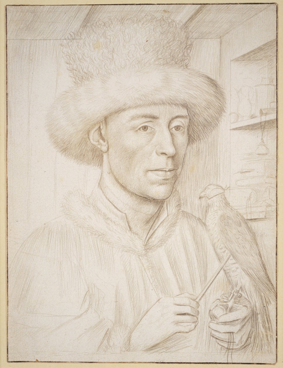 Falconer, n. 1445-1450 (hopeakärki ruskealla musteella paperilla) tekijältä Petrus Christus
