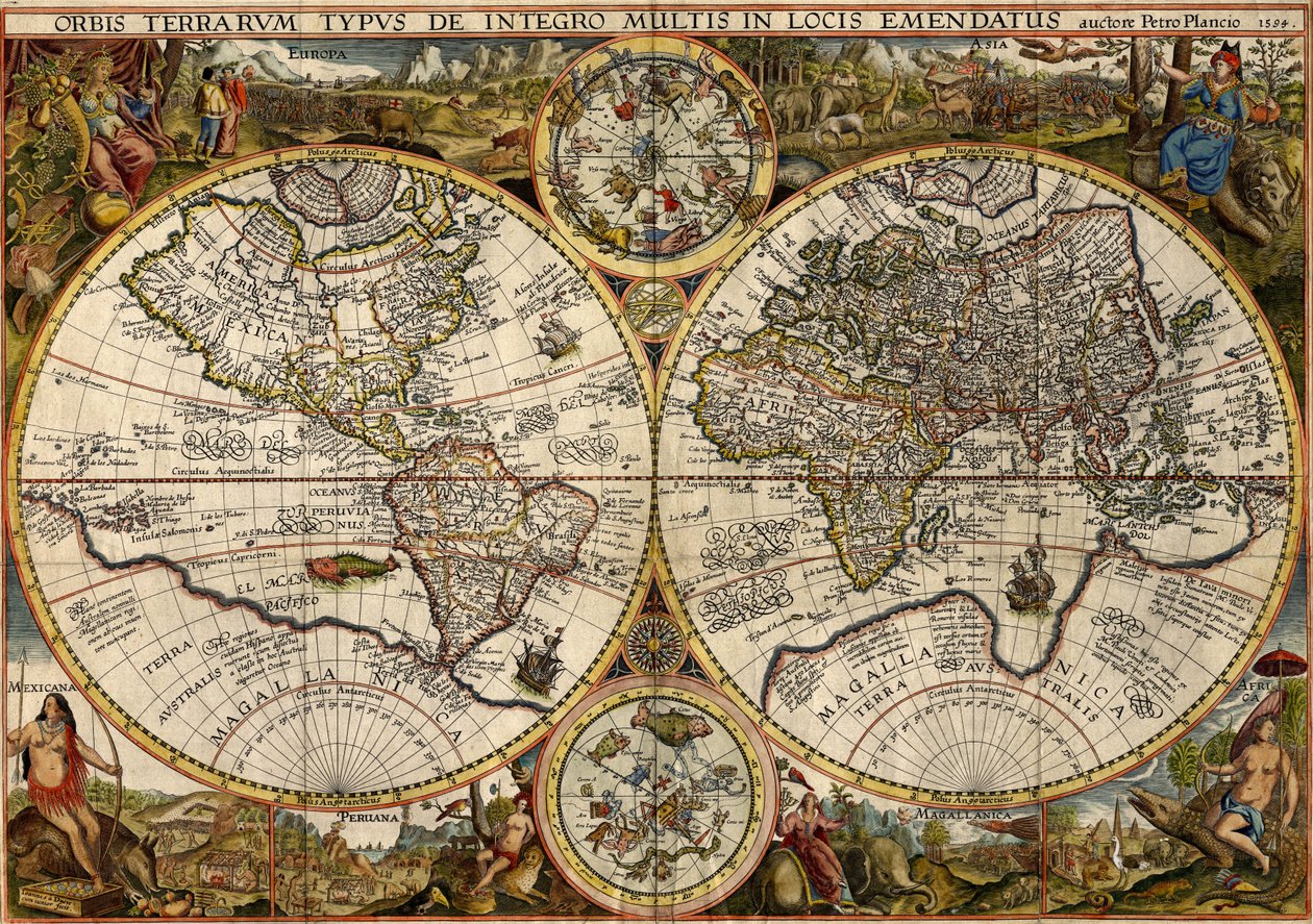 Orbis Terrarum Typus... (Maailmankartta, jossa on kaksi pallonpuoliskoa) tekijältä Petrus & Doetichum Jan van younger Plancius
