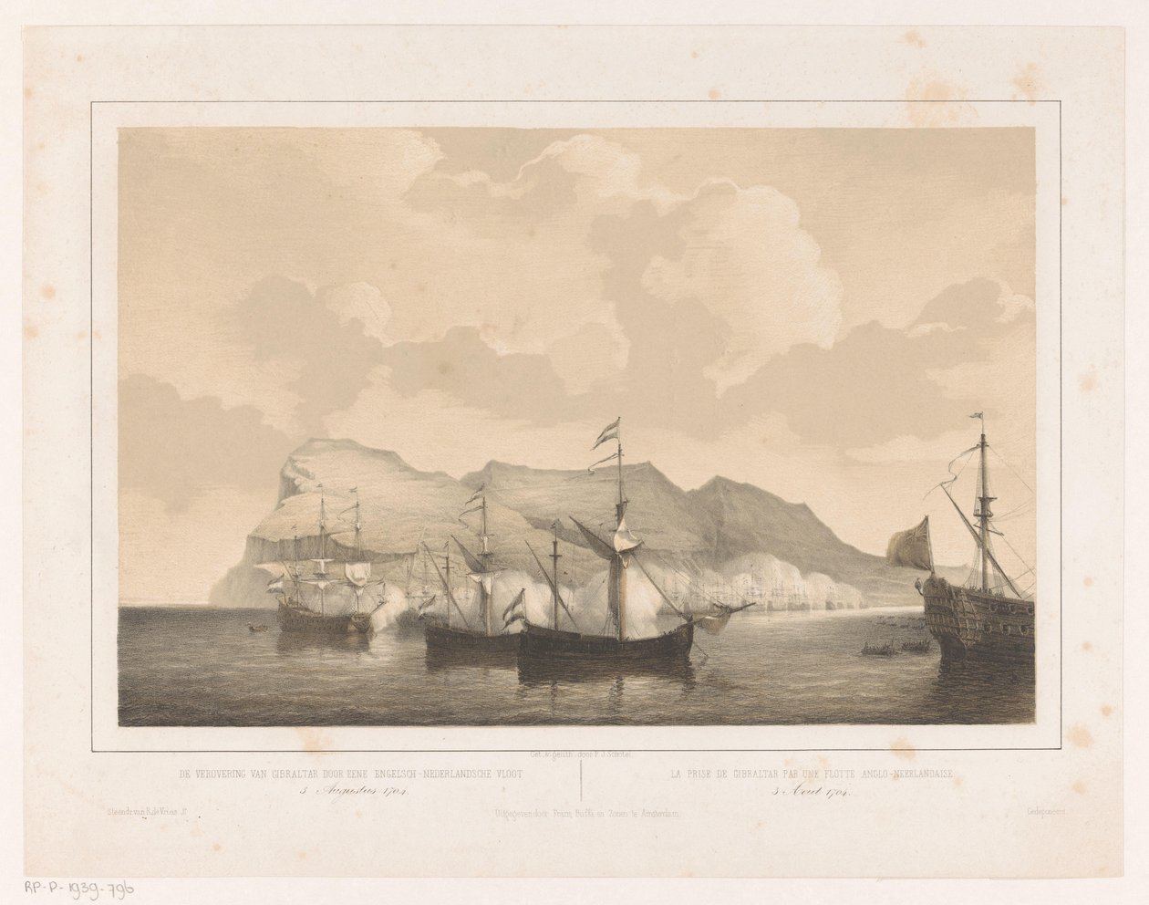 Gibraltarin valloitus Anglo-hollantilaisen laivaston Gibraltarin valloitus 3. elokuuta 1704 / La prize de Gibraltar par un flotte Anglo-Neerlandaise (otsikko esineessä) tekijältä Petrus Johannes Schotel