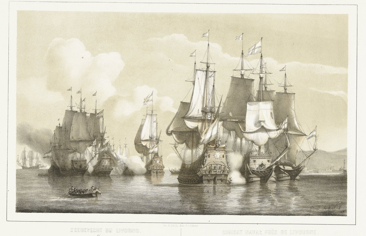 Livornon meritaistelu, 1653 Meritaistelu Livornossa. 14. maaliskuuta 1653 / Combat naval près de Livourne. 14. maaliskuuta 1653 (otsikko esineessä) tekijältä Petrus Johannes Schotel