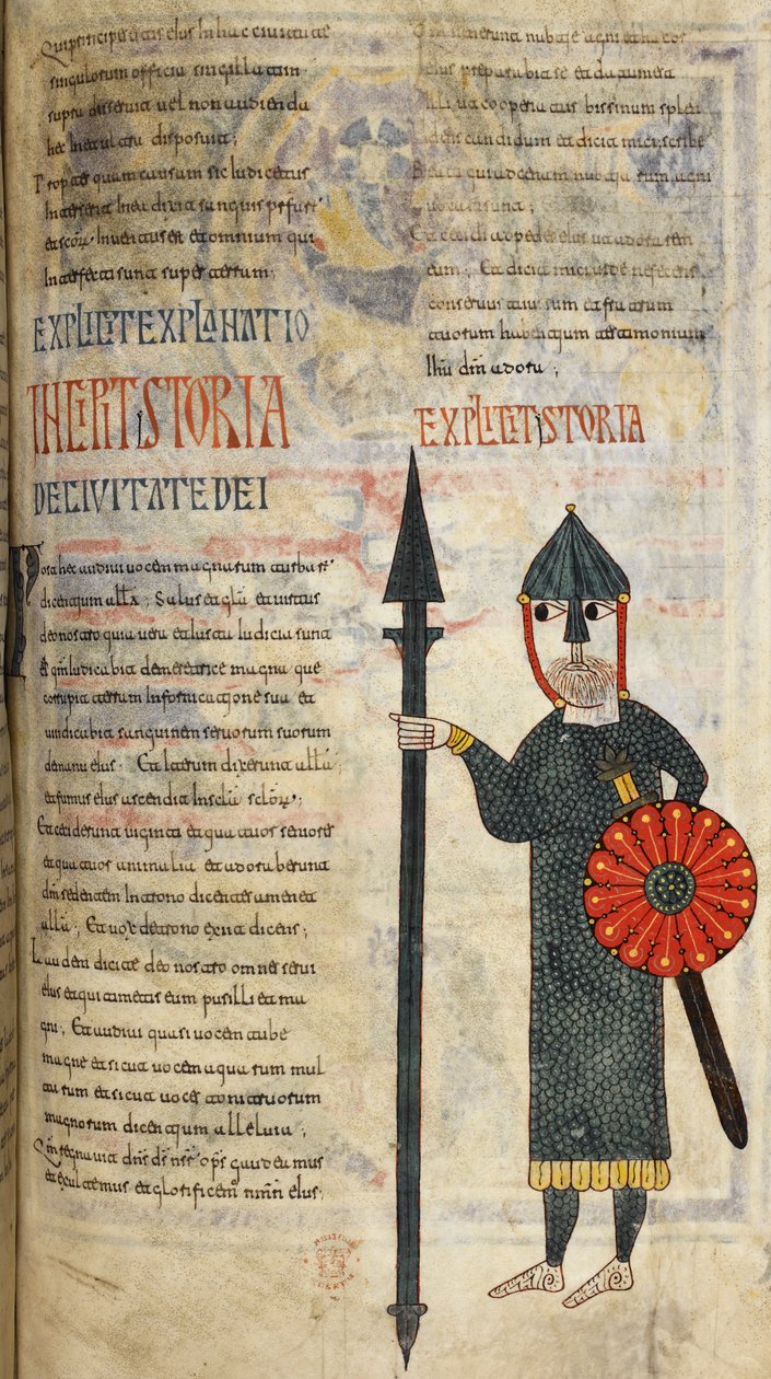 Visigootti sotilas, joka on pukeutunut polvipituiseen ketjuun ja leggingseihin, kuvitus teoksesta "Beatus of Liébana" tekijältä Petrus Petrus