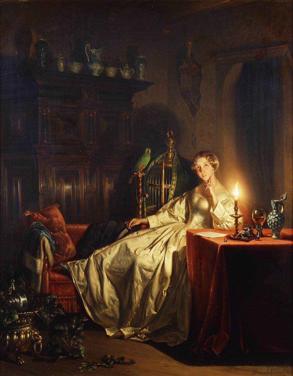 Kynttilänvalossa oleva sisustus, jossa nainen istuu pöydän ääressä, 1865 tekijältä Petrus van Schendel