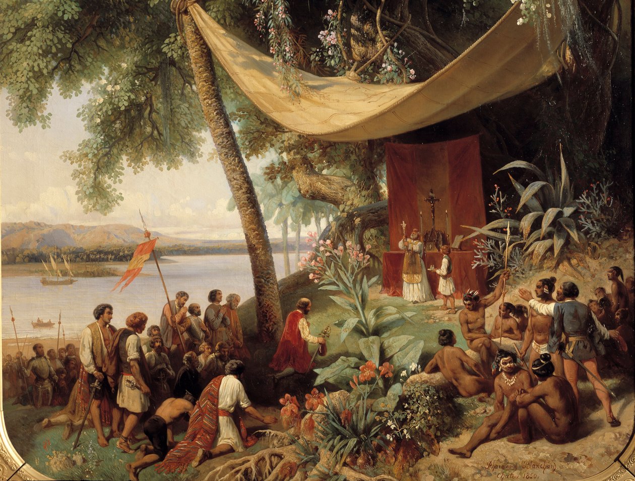 Ensimmäinen messu Amerikassa (1400-luku) Messu Kuubassa vuonna 1494 2. matka Kolumbuksesta Havannaan). Yksityiskohta. Blanchard Pharamondin (1805-1873) maalaus tekijältä Pharamond Blanchard