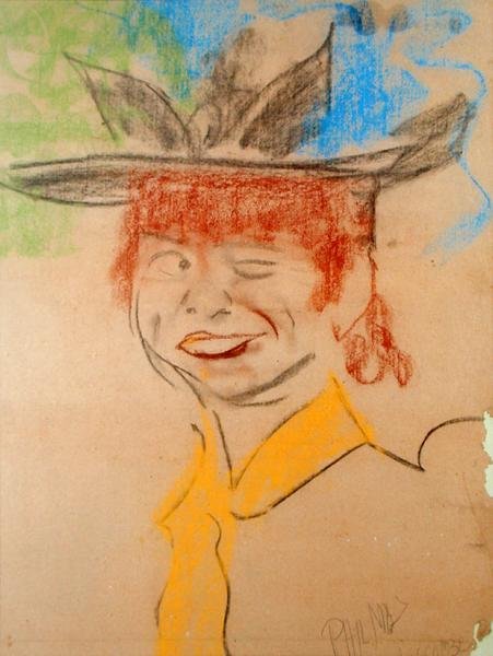 Naurava ja silmää silmäävä tyttö (pastelli paperille) tekijältä Phil May