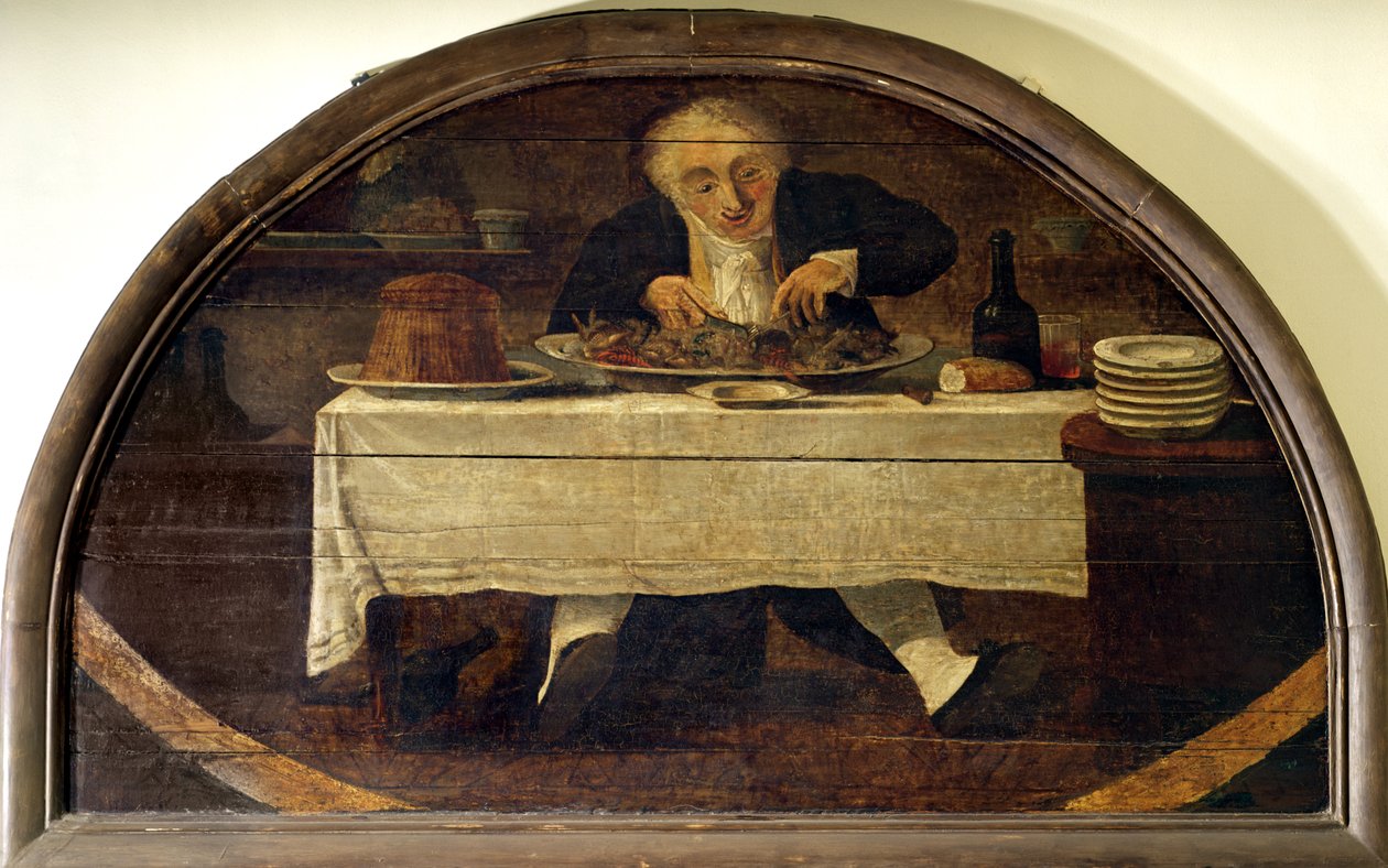 "Au Gourmand", myymälän kyltti Corcellet delicatessenille, Galerie du Palais Royal tekijältä Philibert Louis Debucourt