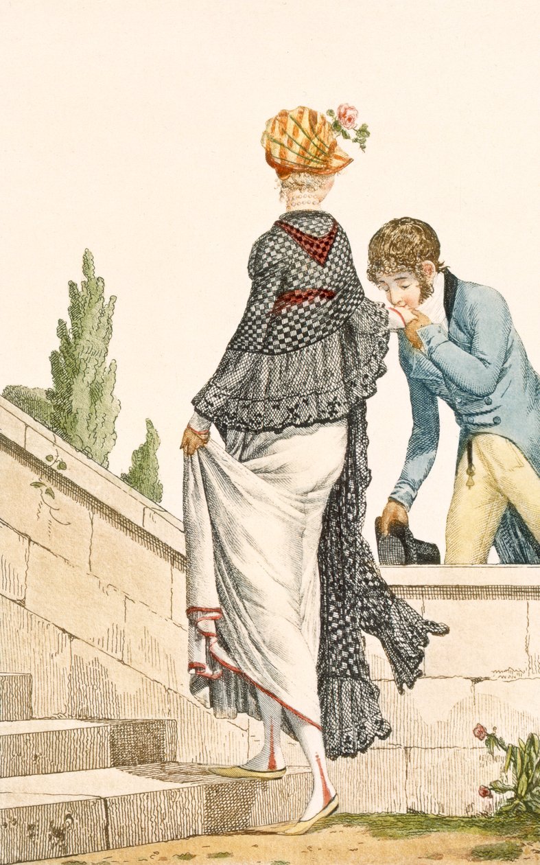 Tyylikäs naisen kävelymekko, jossa ruutuviitta, 1789, kuvitus teoksesta "Modes et Manieres du Jour a Paris" tekijältä Philibert Louis Debucourt