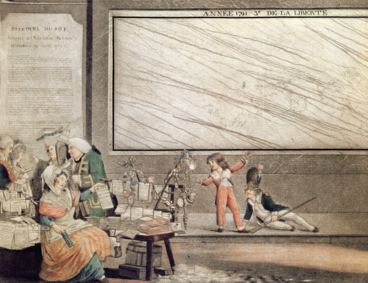 Kansallinen almanach vuodelta 1791, omistettu perustuslain ystäville, 1790 (väriakvatinta) (yksityiskohta numerosta 485195) tekijältä Philibert Louis Debucourt