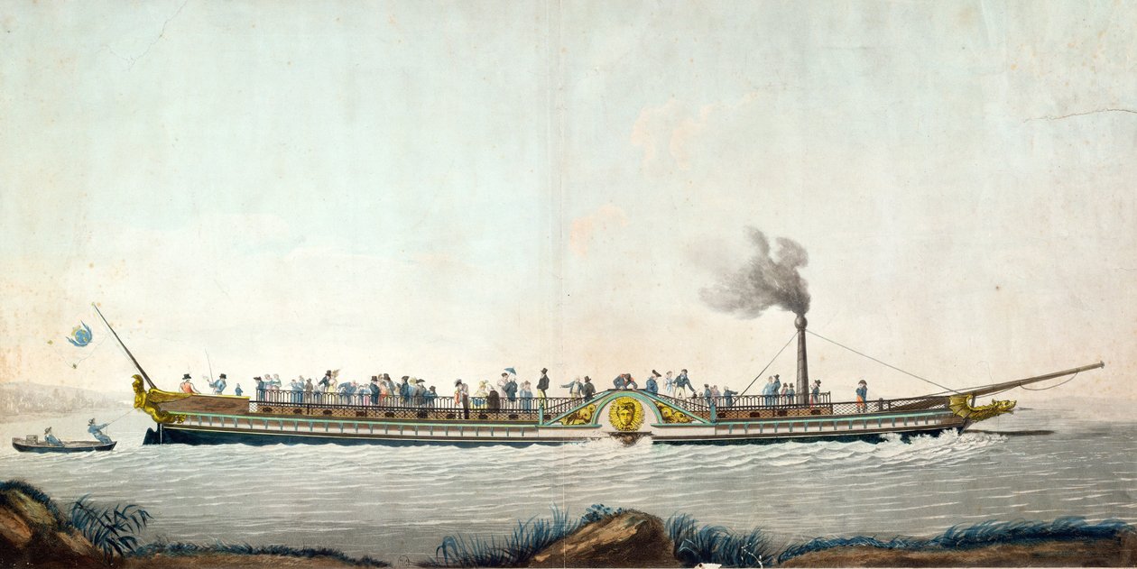 Charles-Philippe, ensimmäinen höyrylaiva, joka laskettiin vesille Seine-joella 20. elokuuta 1816 tekijältä Philibert Louis Debucourt
