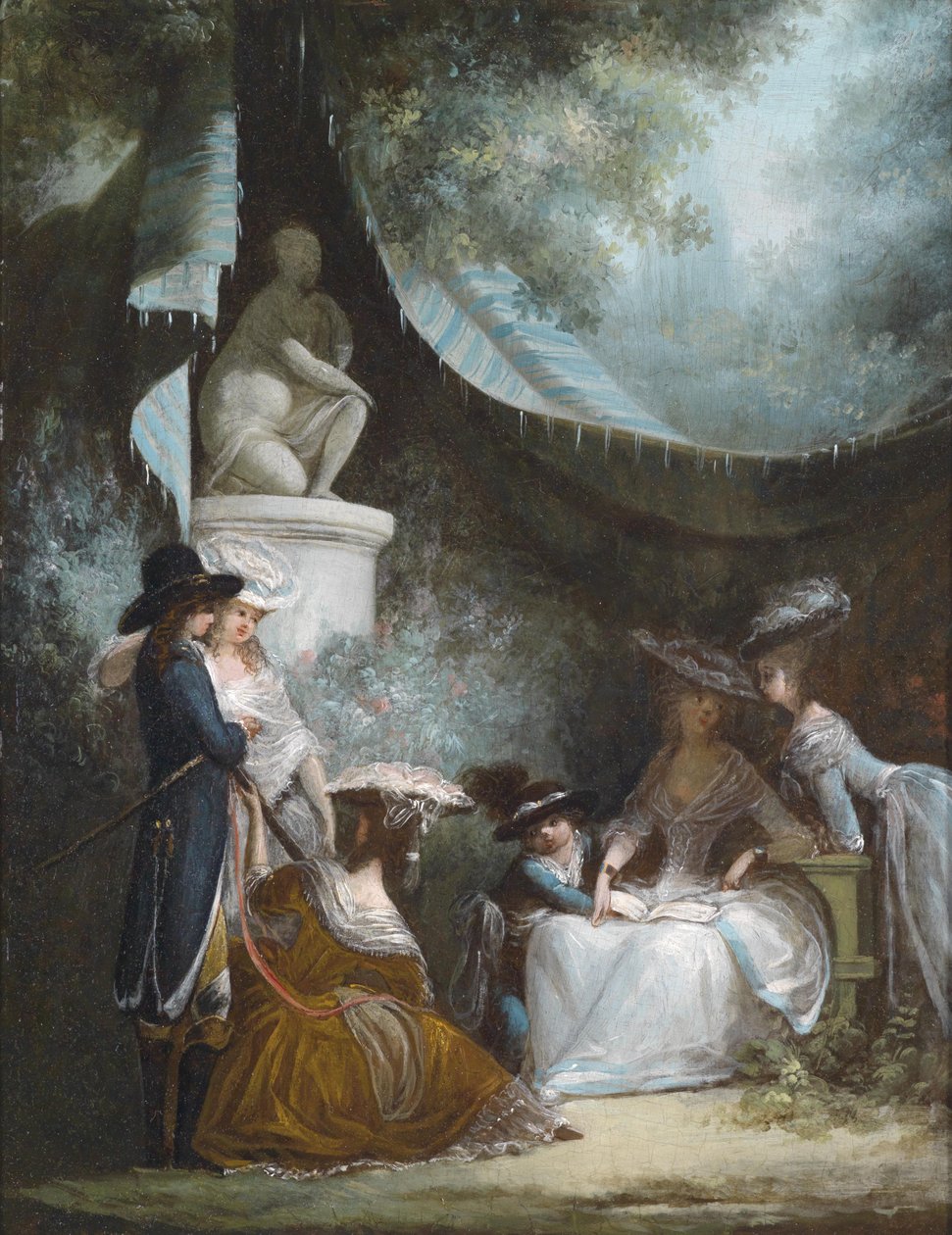 Ulkona näkymä miehestä, pojasta ja naisista pukeutuneena n. 1780 -luvun vaatetyylejä tekijältä Philibert Louis Debucourt
